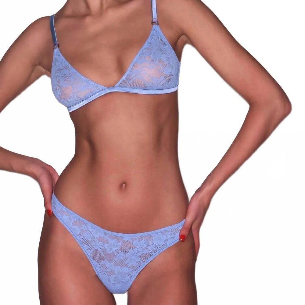 Fleur du Mal Light Blue Lace Triangle Bra & Brief Set